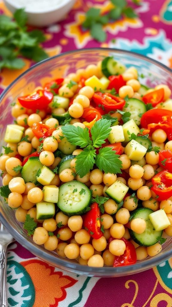 A colorful chickpea salad with cucumbers, cherry tomatoes, and herbs in a bowl.