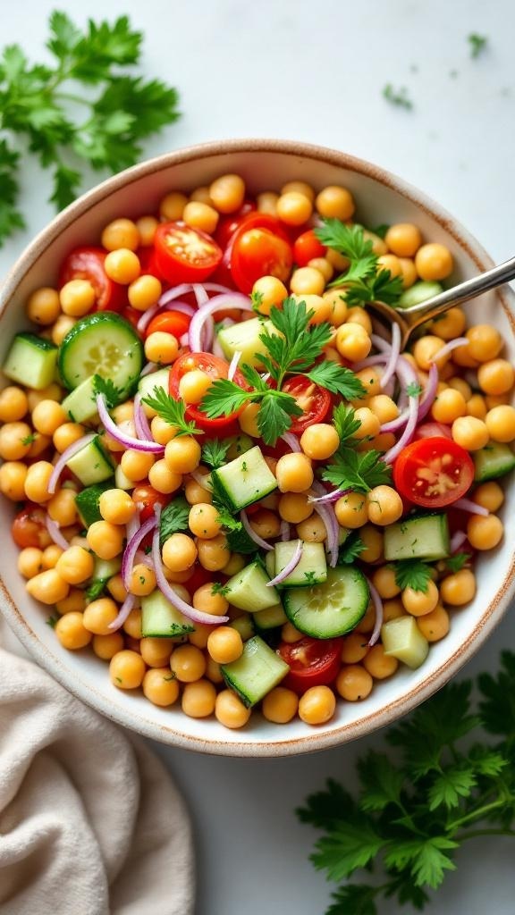 A vibrant chickpea salad with cherry tomatoes, cucumber, red onion, and parsley in a bowl.
