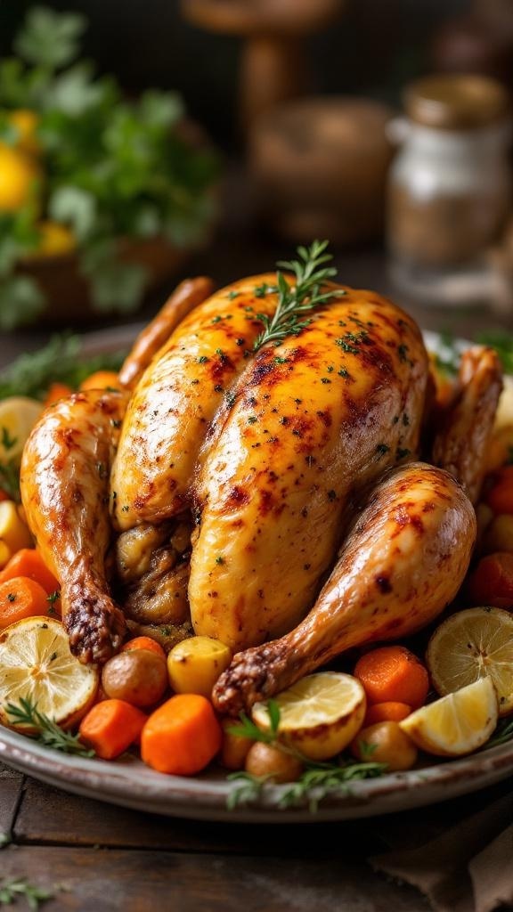A beautifully roasted chicken with golden skin, surrounded by colorful vegetables.