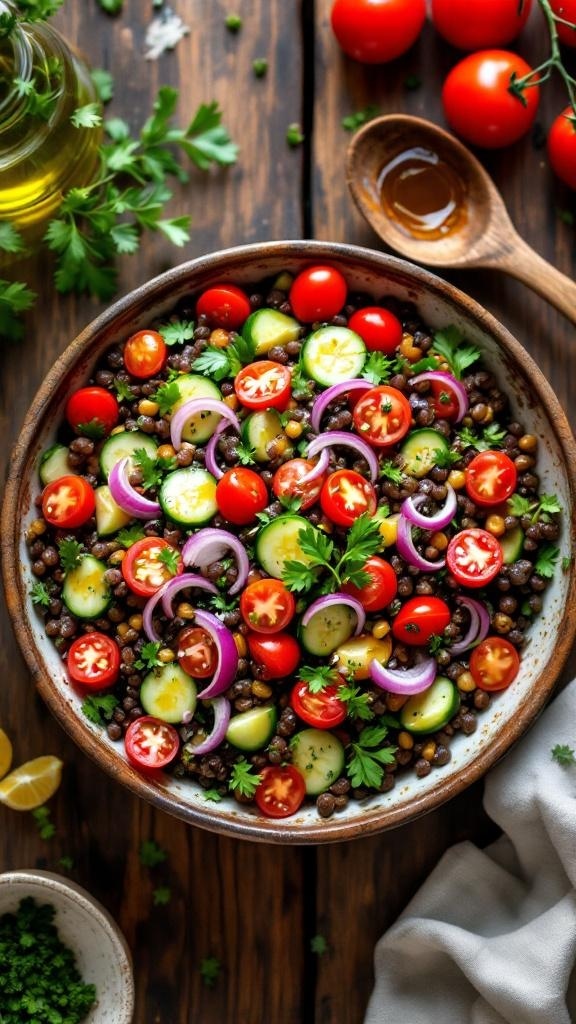 A colorful Mediterranean lentil salad with cherry tomatoes, cucumbers, and herbs.