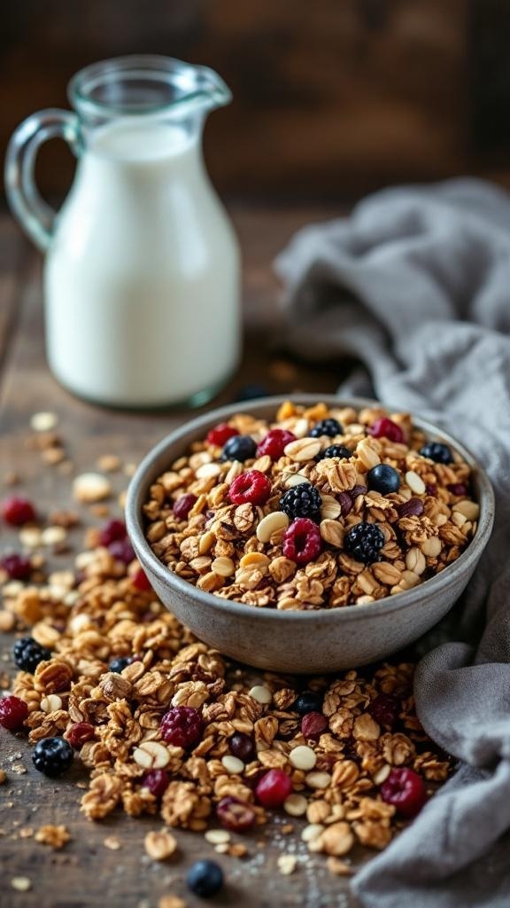 A bowl of nut and seed granola with berries and a pitcher of milk