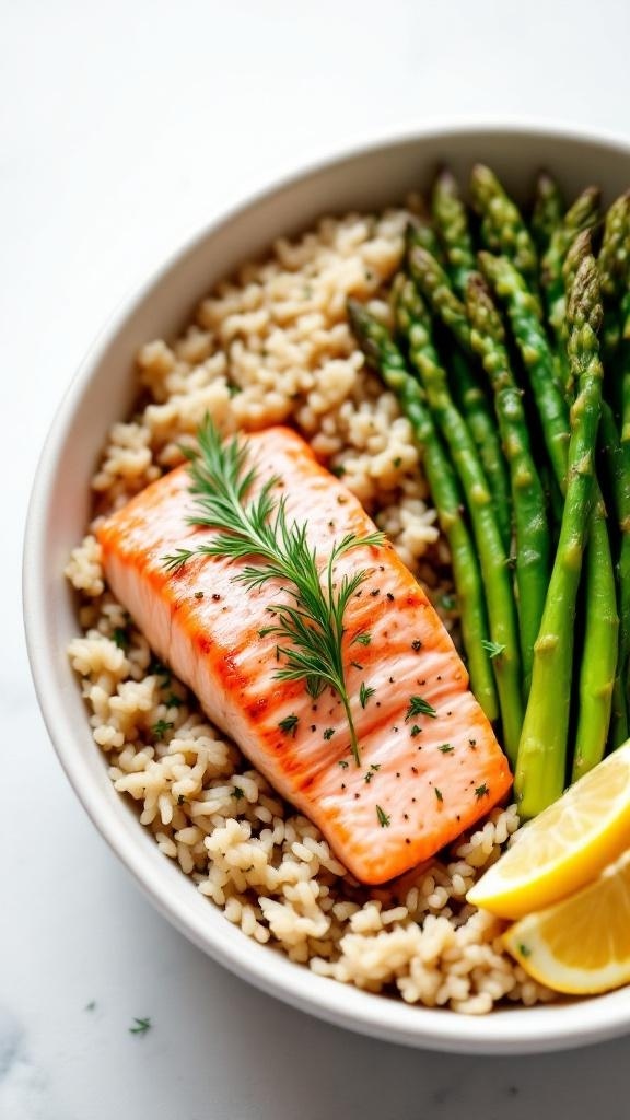 A healthy meal prep bowl featuring salmon, asparagus, and brown rice garnished with lemon and dill.
