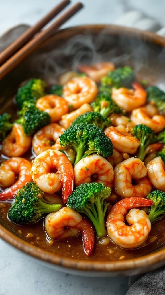 A bowl of shrimp and broccoli stir-fry with chopsticks