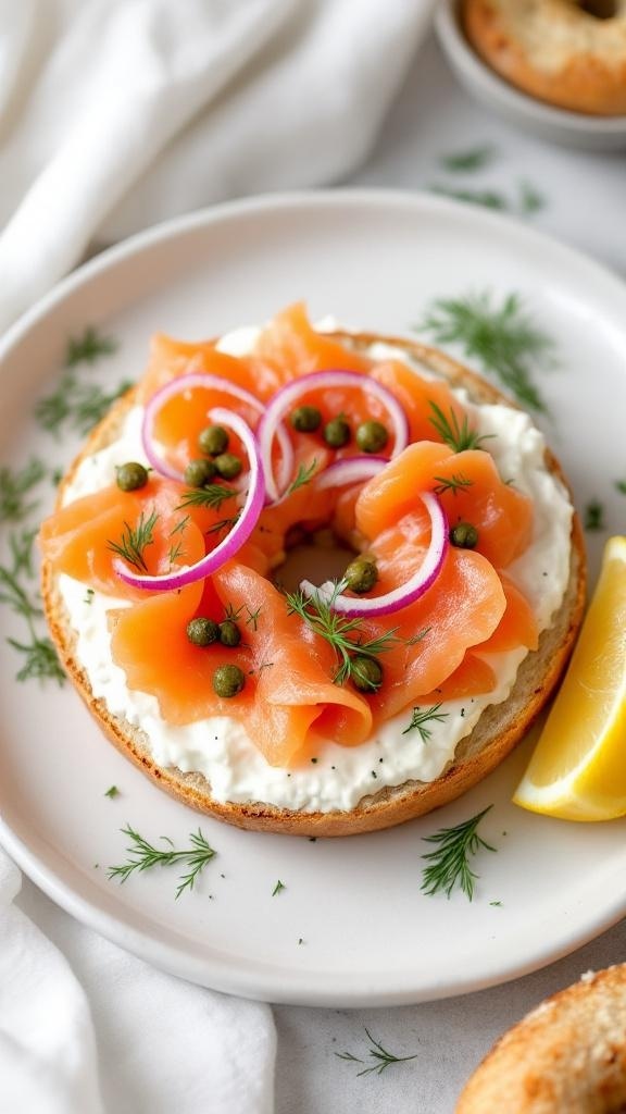A smoked salmon bagel topped with cream cheese, capers, red onion, and dill, served with lemon wedges.