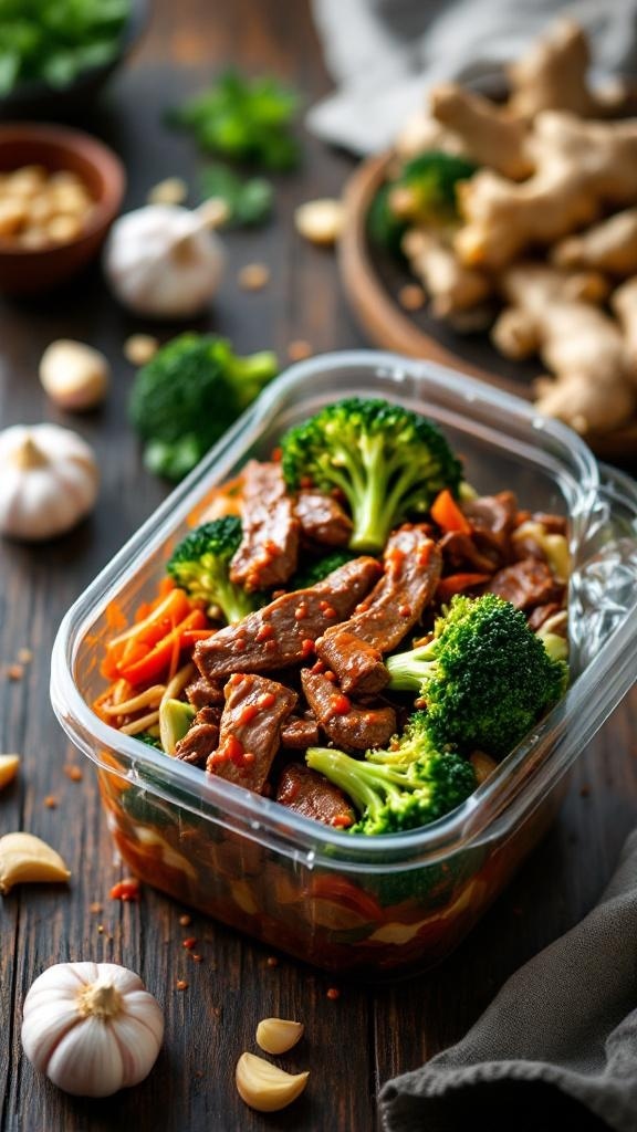 A meal prep container filled with spicy beef and broccoli, surrounded by fresh garlic and ginger.