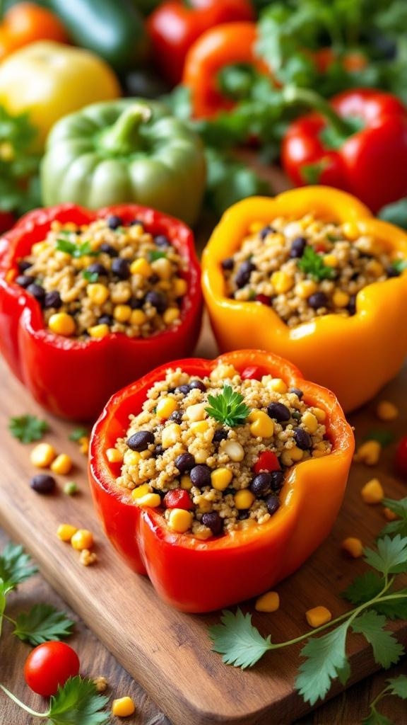 Stuffed bell peppers filled with quinoa, black beans, and corn, surrounded by fresh vegetables.