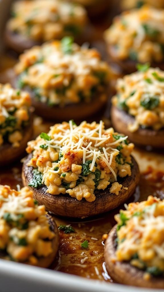 Turkey and spinach stuffed mushrooms topped with cheese