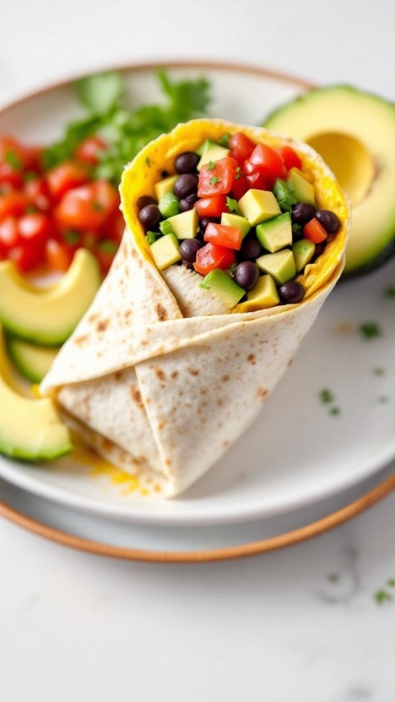 A delicious vegan breakfast burrito filled with black beans, tomatoes, and avocado, served with fresh avocado slices and cilantro.