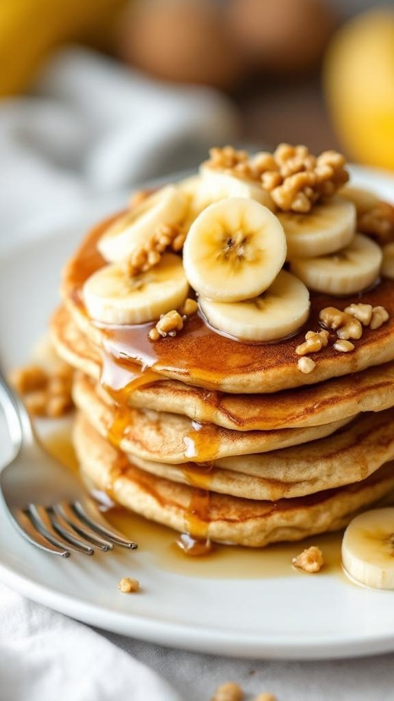 Fluffy banana oatmeal pancakes stacked on a plate, topped with banana slices and walnuts, drizzled with syrup.