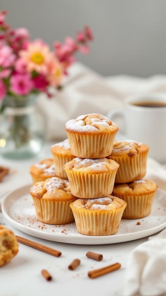 A plate stacked with fluffy cinnamon muffins, dusted with powdered sugar and surrounded by cinnamon sticks and flowers.