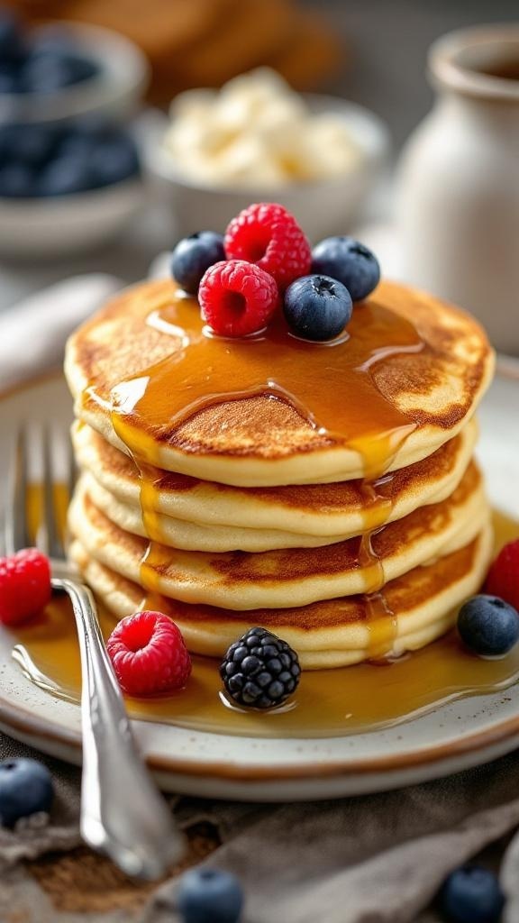 A stack of fluffy cottage cheese pancakes topped with fresh berries and syrup.
