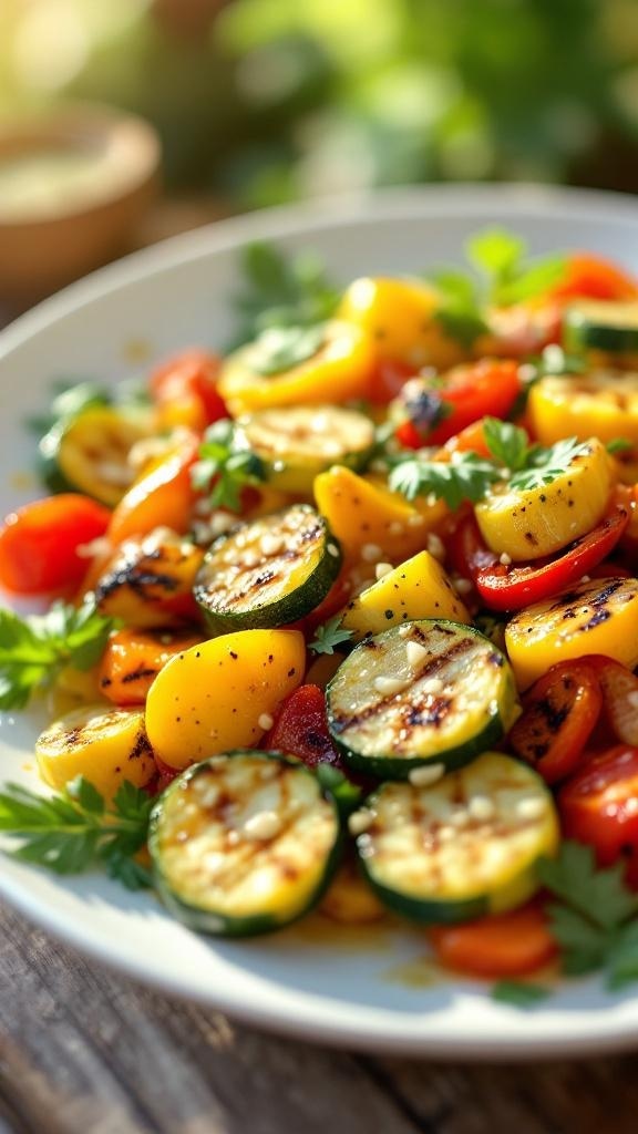 A colorful grilled vegetable and squash salad on a plate, featuring zucchini, yellow squash, and bell peppers.
