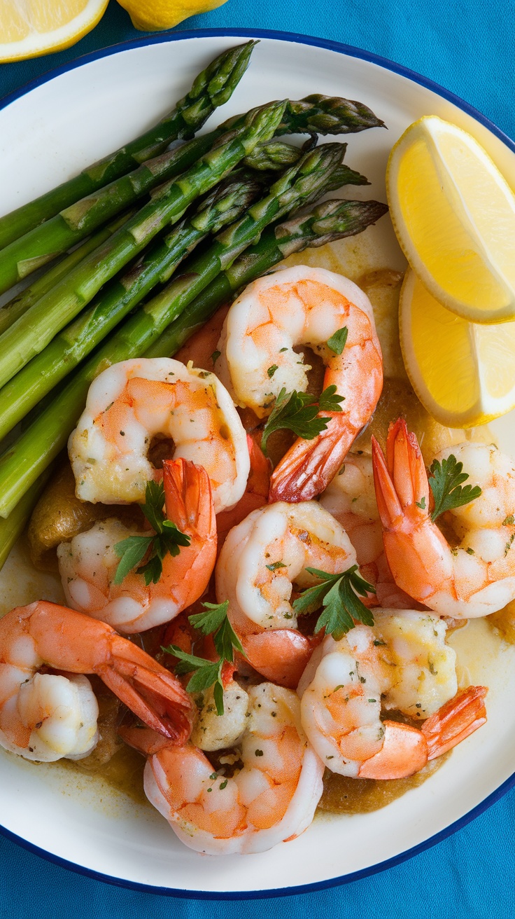 Plate of lemon garlic shrimp with asparagus and lemon slices