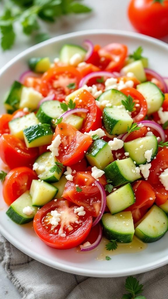 A vibrant cucumber tomato salad with diced cucumbers, halved cherry tomatoes, red onion, and feta cheese.