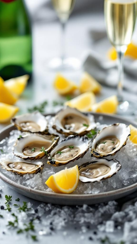 A platter of fresh oysters on ice with lemon wedges and champagne glasses in the background.