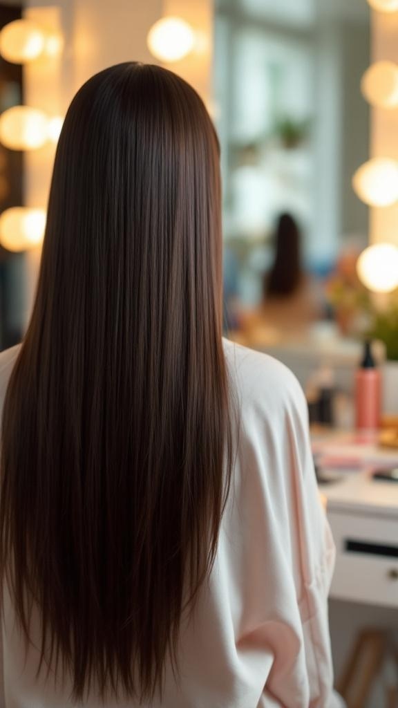 A person with long, straight hair viewed from the back, sitting in front of a mirror with soft lighting.