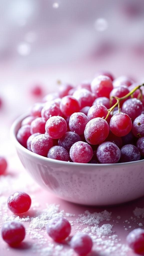 A bowl of frozen grapes on a pink background, with some grapes scattered around.