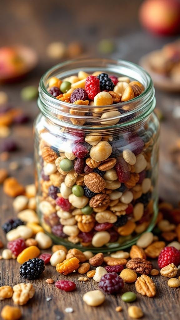 A jar filled with colorful fruit and nut trail mix, surrounded by scattered nuts and dried fruits.