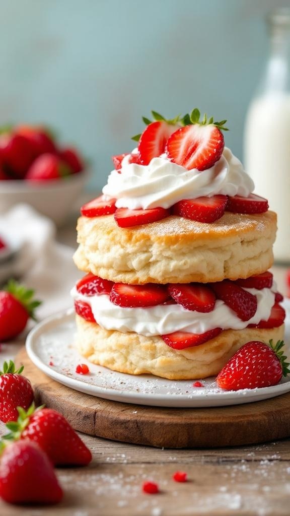 A tall stack of gluten-free strawberry shortcake with layers of whipped cream and fresh strawberries.
