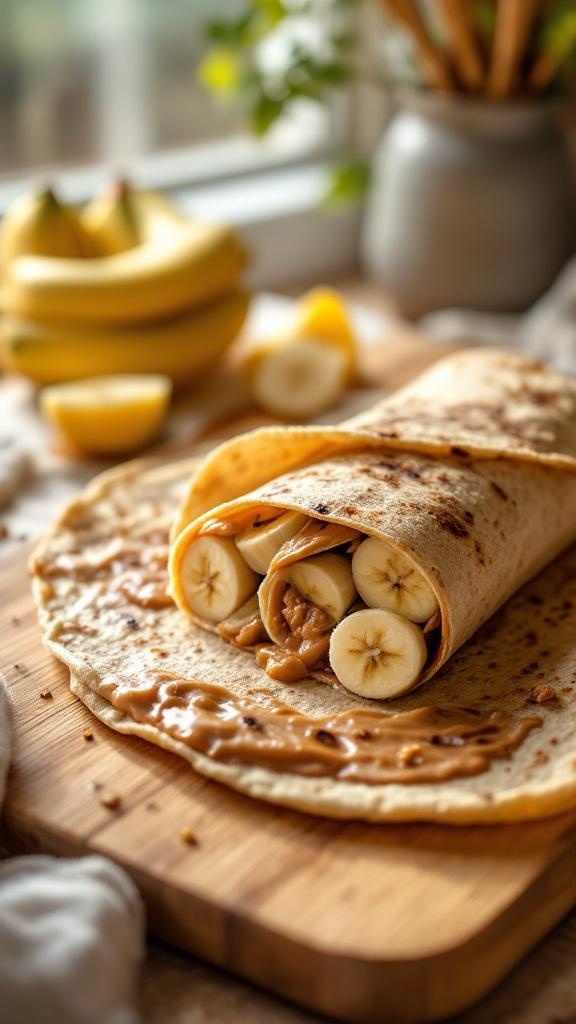 A delicious nut butter and banana wrap on a wooden board, with bananas and lemon in the background.