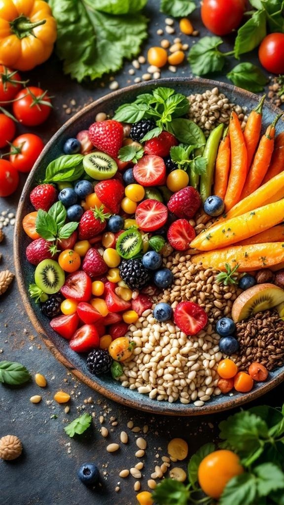 A colorful plate filled with fresh fruits, vegetables, and seeds, showcasing a variety of nutritious foods.