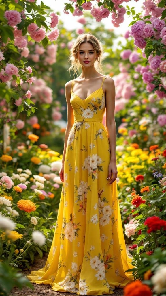A woman in a yellow floral dress standing in a colorful garden filled with flowers.