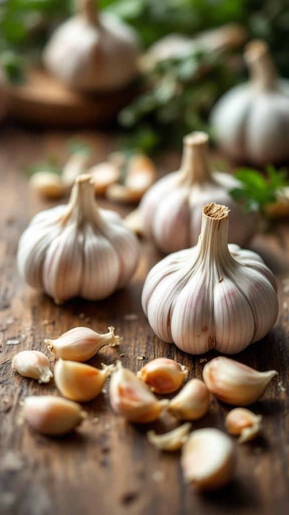 Fresh garlic bulbs and cloves on a wooden surface