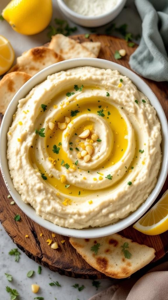 A bowl of garlic and lemon hummus garnished with olive oil, pine nuts, and fresh herbs, served with pita bread.
