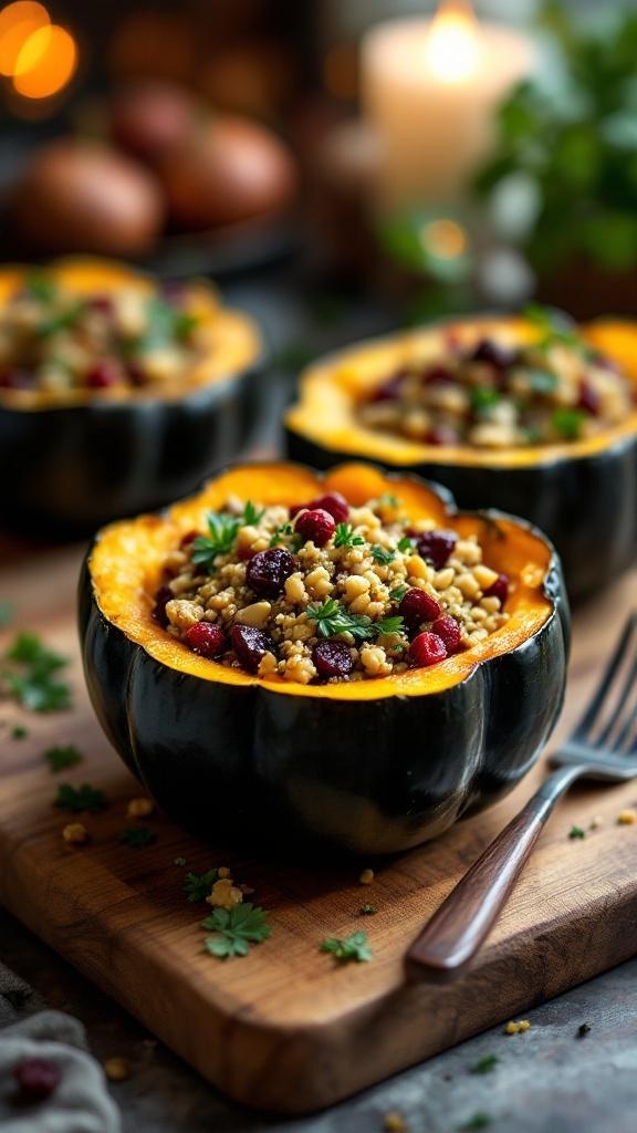 Stuffed acorn squash filled with quinoa and cranberries on a wooden board