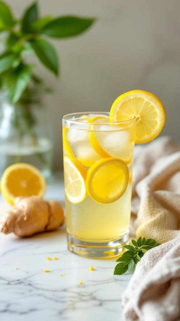 A refreshing glass of ginger-lemon detox water with ice and lemon slices, alongside a piece of ginger root.