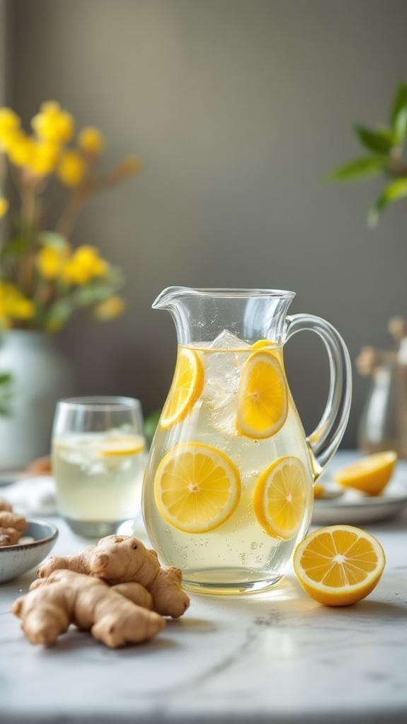 A pitcher of ginger and lemon detox water with ice and lemon slices, alongside fresh ginger root.