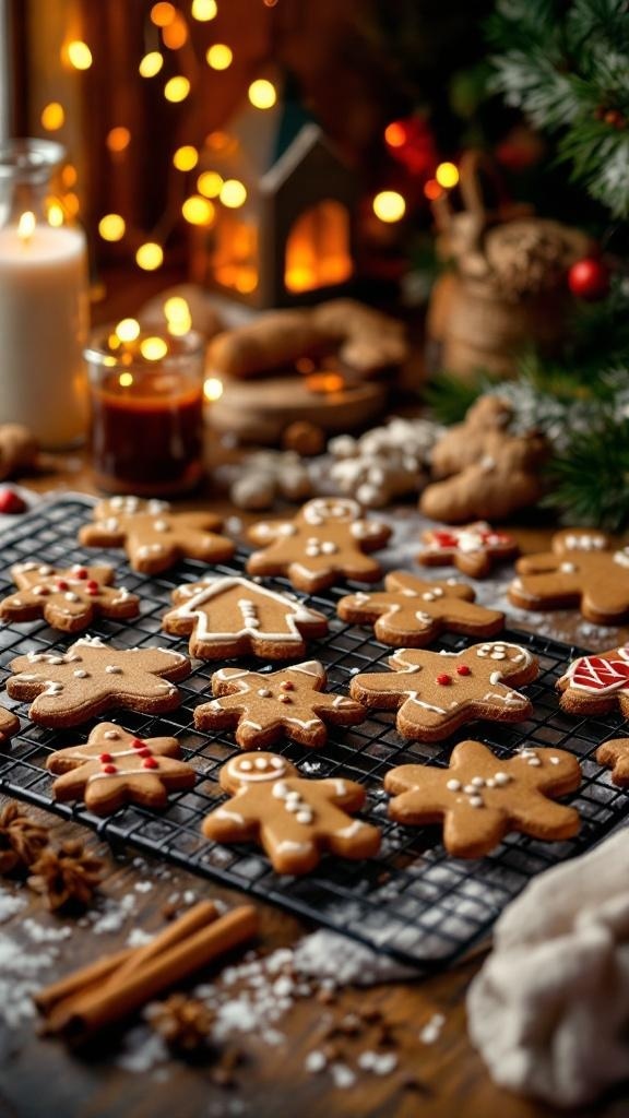 A variety of gingerbread cookies on a cooling rack, decorated with icing and candies, with festive lights in the background.
