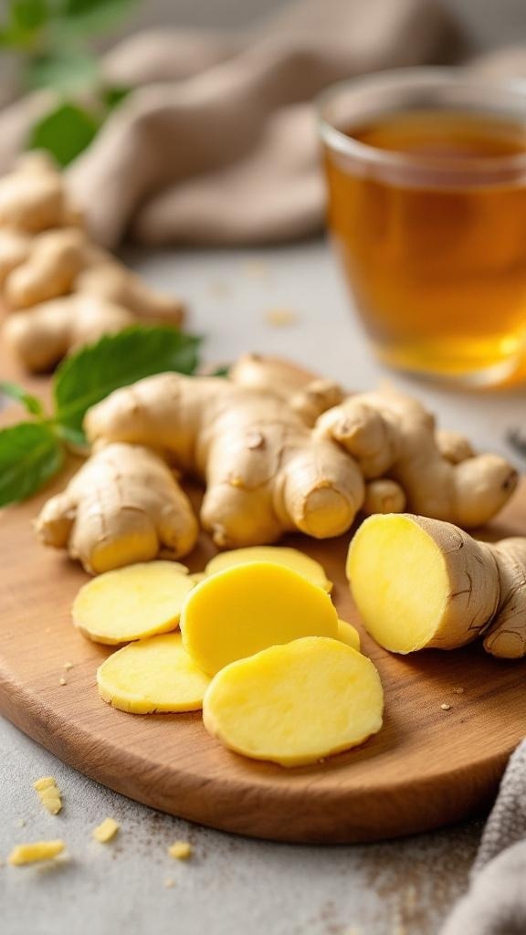Fresh ginger root sliced on a wooden board with a cup of ginger tea in the background.