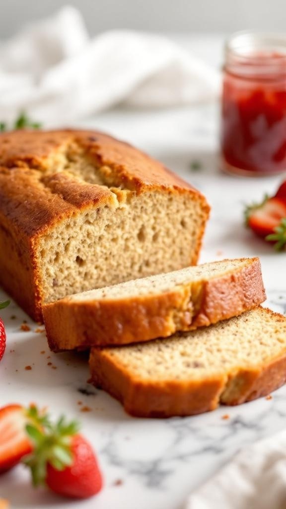 A loaf of gluten-free banana bread with slices cut, surrounded by fresh strawberries and a jar of jam.