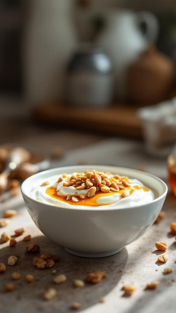 A bowl of Greek yogurt topped with honey and nuts, surrounded by scattered nuts on a table.
