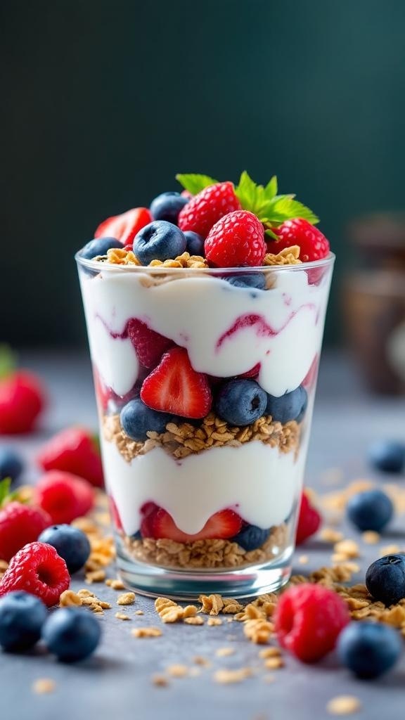 A Greek yogurt parfait with layers of yogurt, berries, and granola in a clear glass.