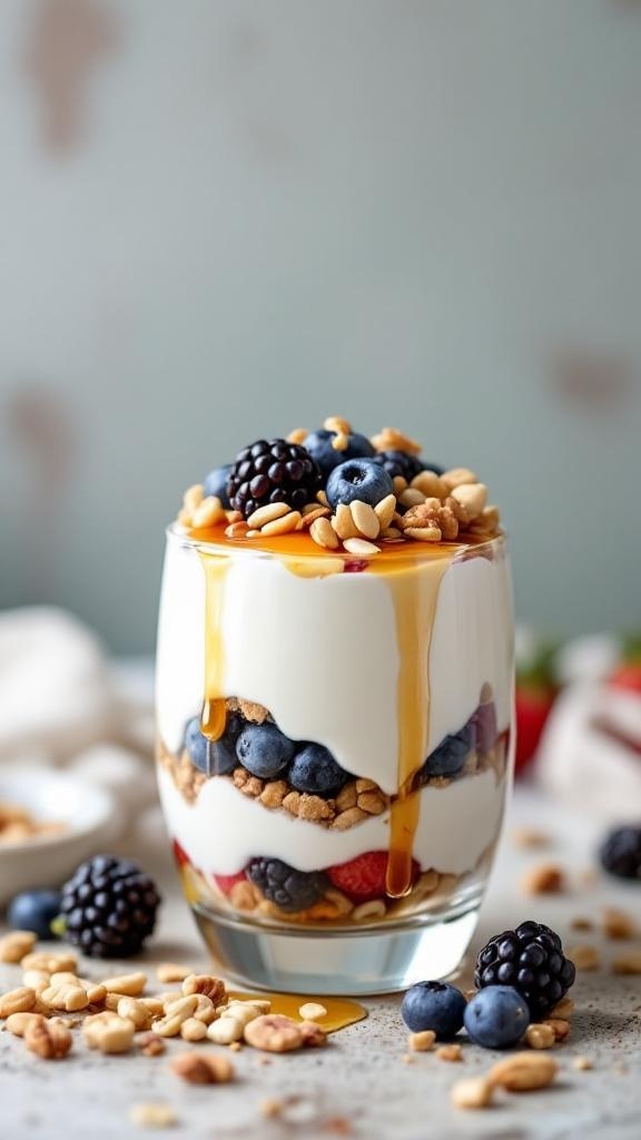 A delicious Greek yogurt parfait with layers of yogurt, berries, nuts, and honey.