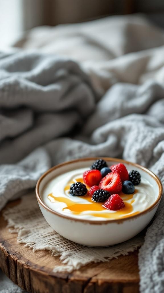 A bowl of Greek yogurt topped with fresh berries and honey, placed on a wooden surface with a cozy blanket in the background.