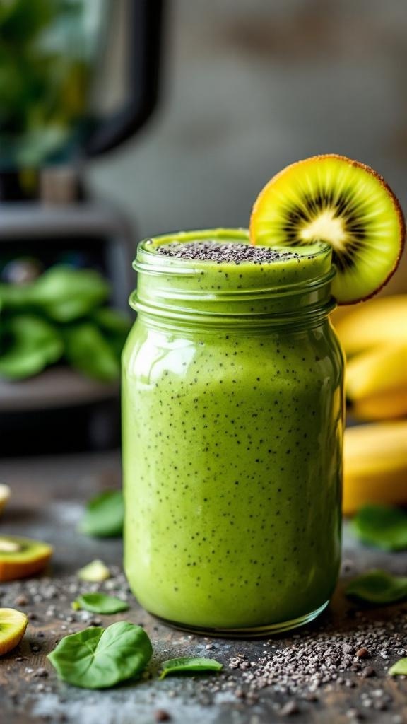 A vibrant green smoothie in a jar with a slice of kiwi on top, surrounded by fresh ingredients.