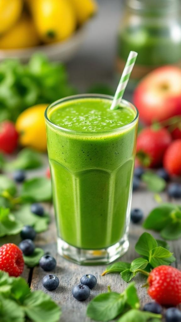 A green smoothie with spinach and banana in a glass, surrounded by fresh fruits and greens.