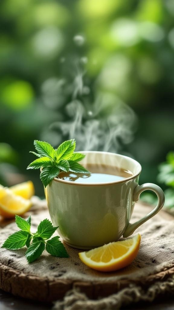 A steaming cup of green tea with mint leaves and lemon slices on a wooden surface.