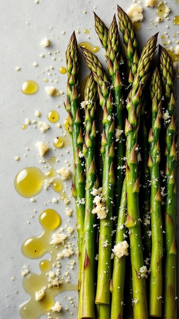 Grilled asparagus drizzled with olive oil and topped with grated Parmesan cheese