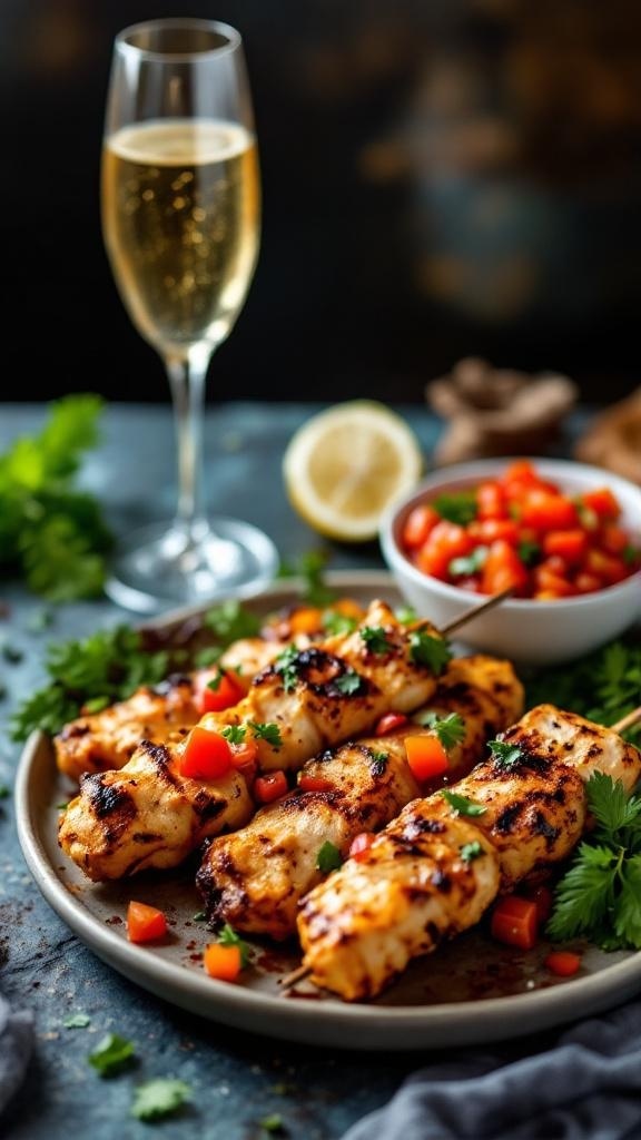 Grilled chicken skewers with salsa and a glass of champagne