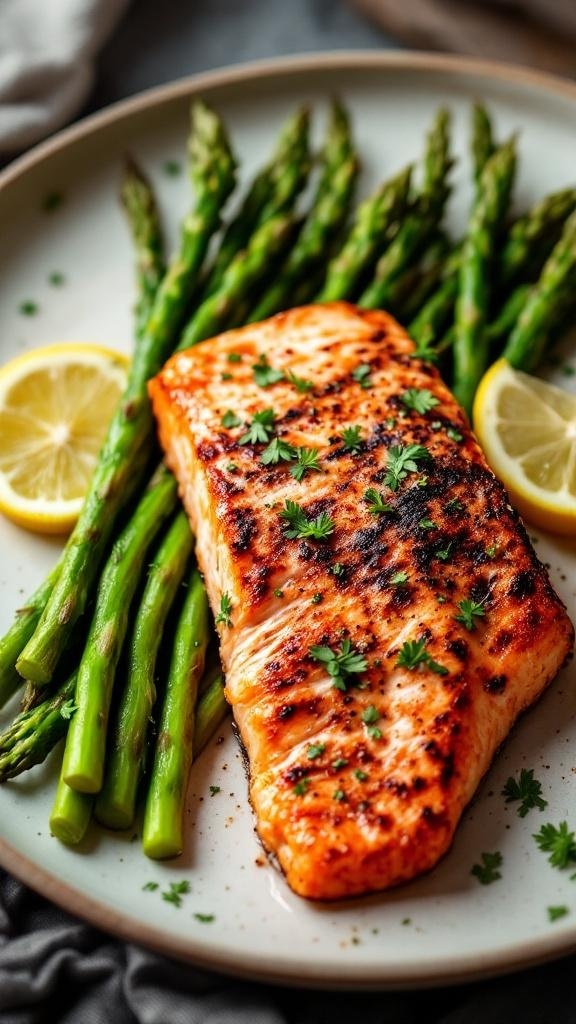 Grilled salmon fillet served with asparagus and lemon slices on a plate.