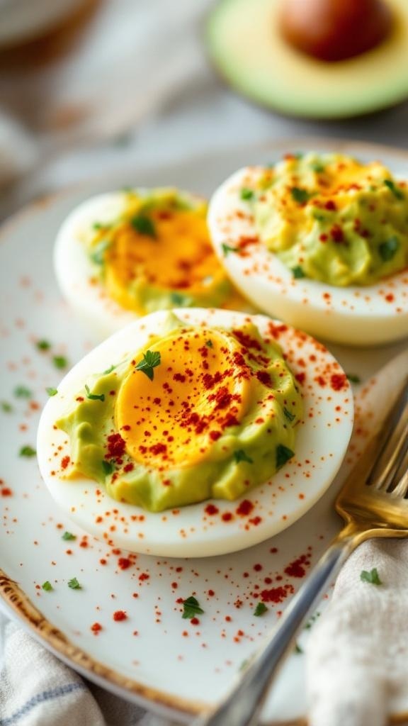 Hard-boiled eggs topped with avocado and herbs on a plate