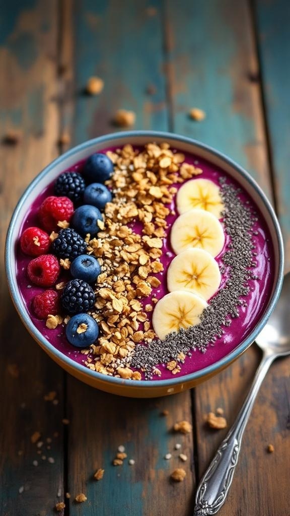 A colorful berry smoothie bowl topped with fruits, granola, and flowers.