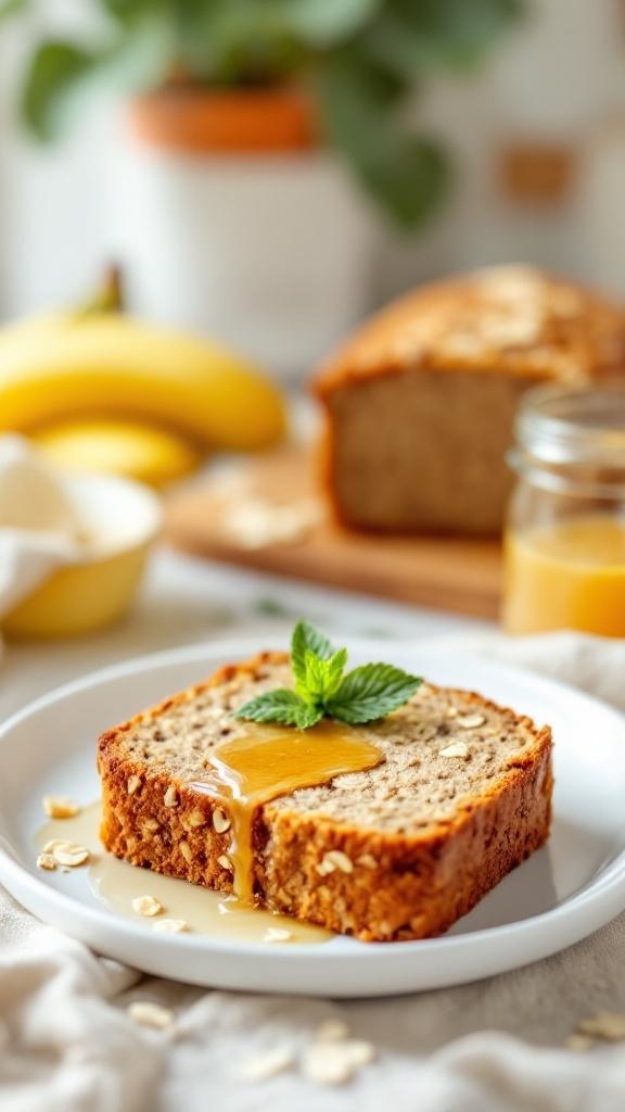 A slice of healthy banana bread with oats and honey, garnished with mint, on a white plate.