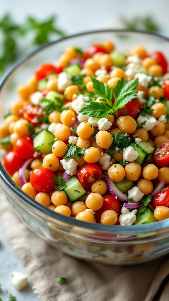 A colorful Mediterranean chickpea salad in a glass bowl with fresh vegetables and herbs.