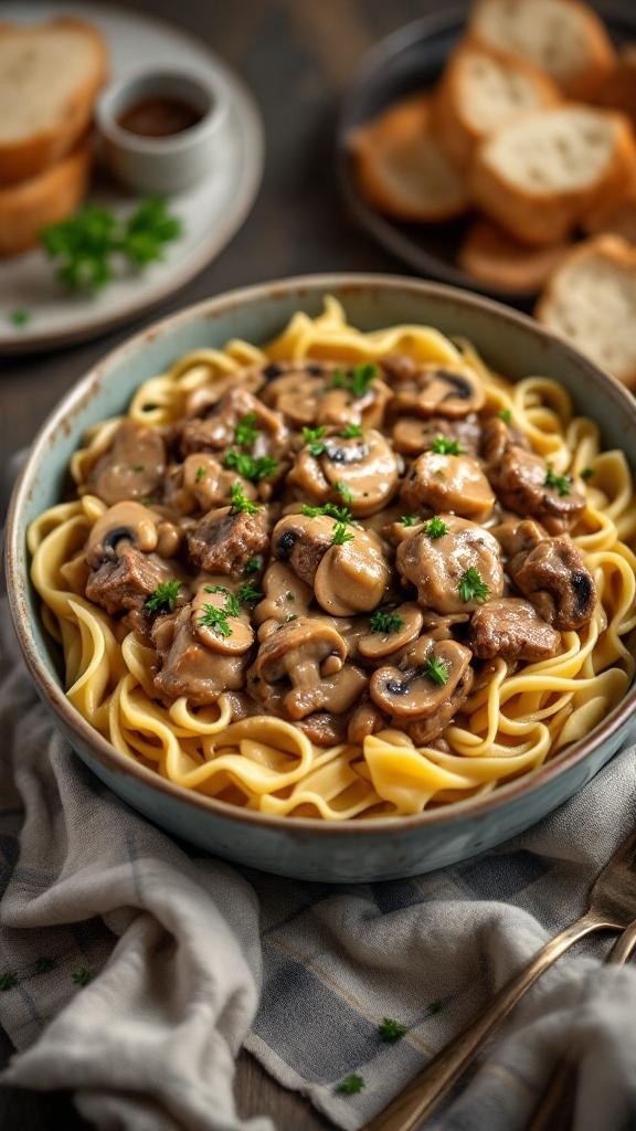 A bowl of beef stroganoff served over egg noodles, garnished with parsley, with slices of bread in the background.