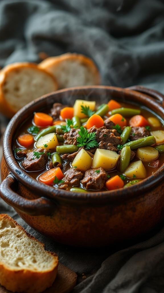 A bowl of hearty beef and vegetable soup with carrots, potatoes, and green beans, served with slices of bread.